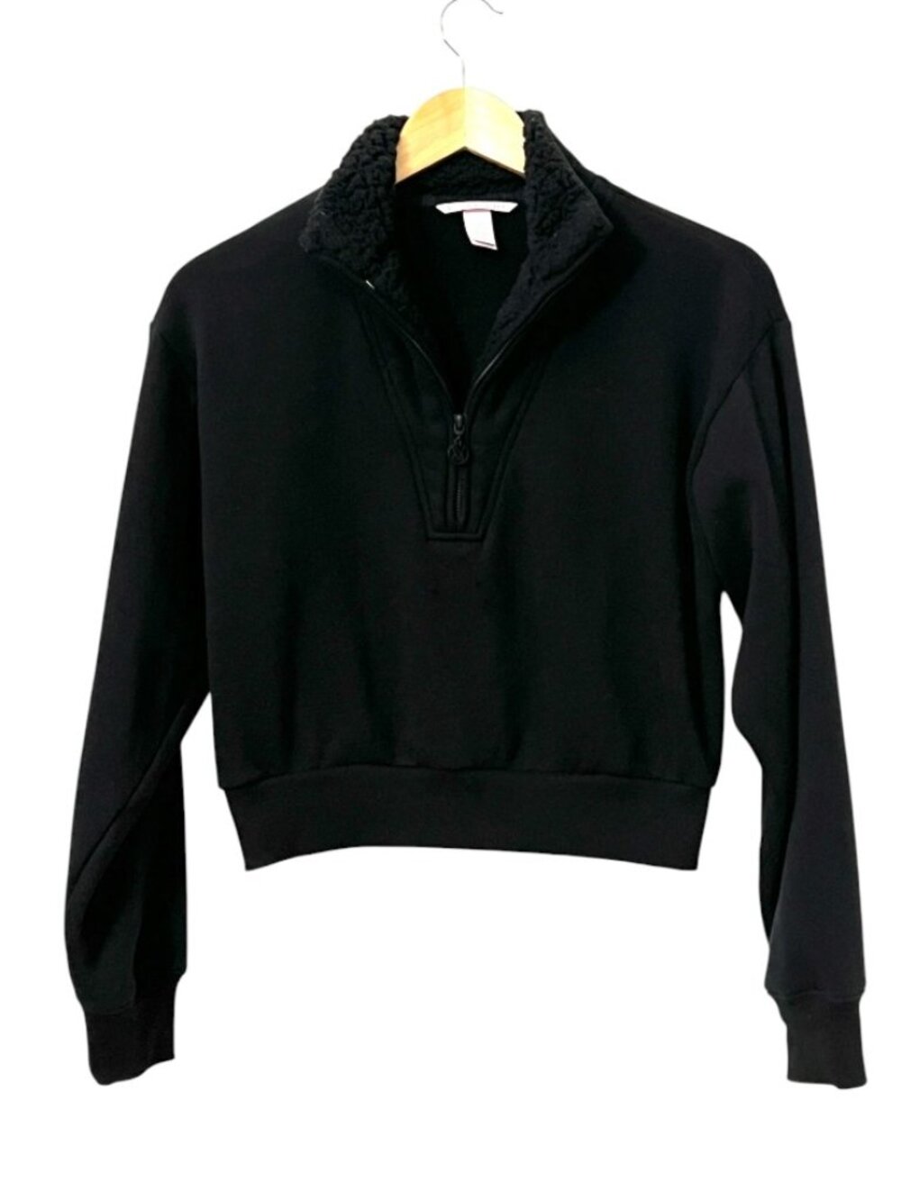 Victoria's Secret Black Sherpa Collar Half Zip Cropped Sweatshirt S Fleece Cozy - Picture 2 of 9